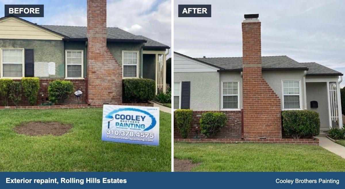 Before and after exterior repaint of a single-story home with a brick chimney in Rolling Hills Estates